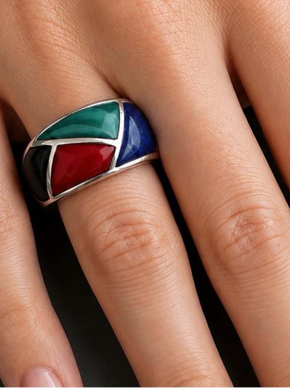Southwestern Sterling Silver Ring Lapis Malachite Coral Onyx QUALITY